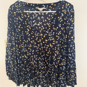 LOFT Navy Floral Wrap Peplum Top with Yellow & Light Blue Flowers